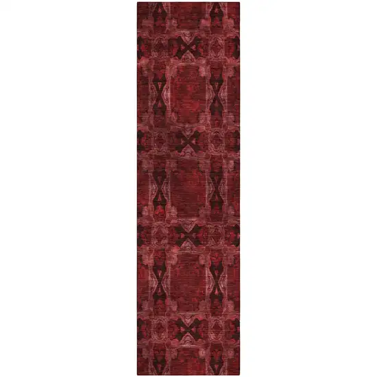 8' Runner Burgundy and Black Floral Medallion Washable Non Skid Indoor Outdoor Runner Rug Photo 2