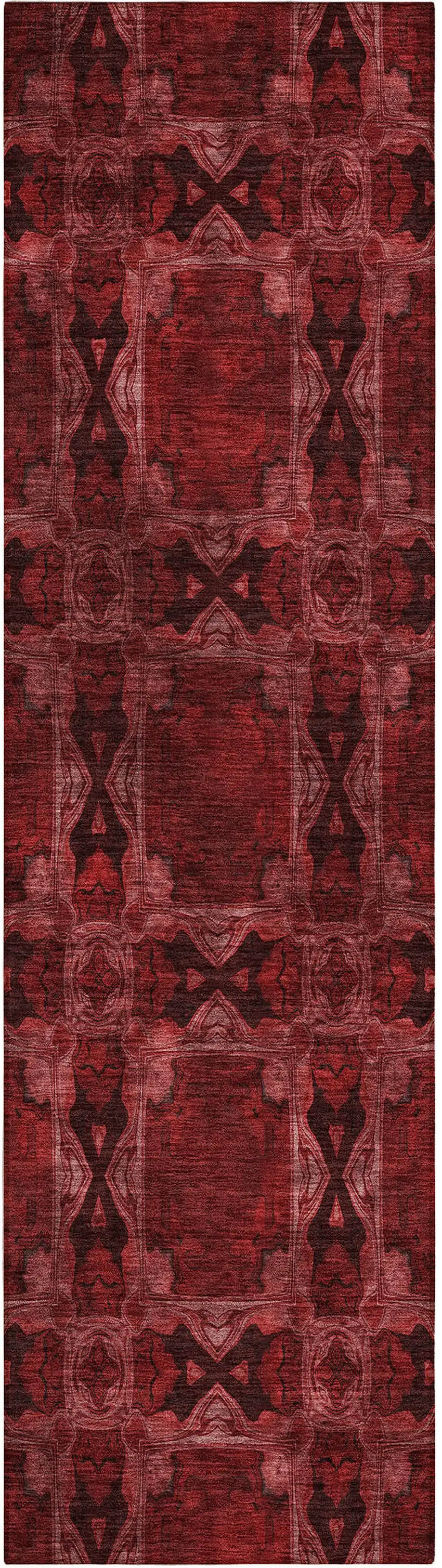 8' Runner Burgundy and Black Floral Medallion Washable Non Skid Indoor Outdoor Runner Rug Photo 2