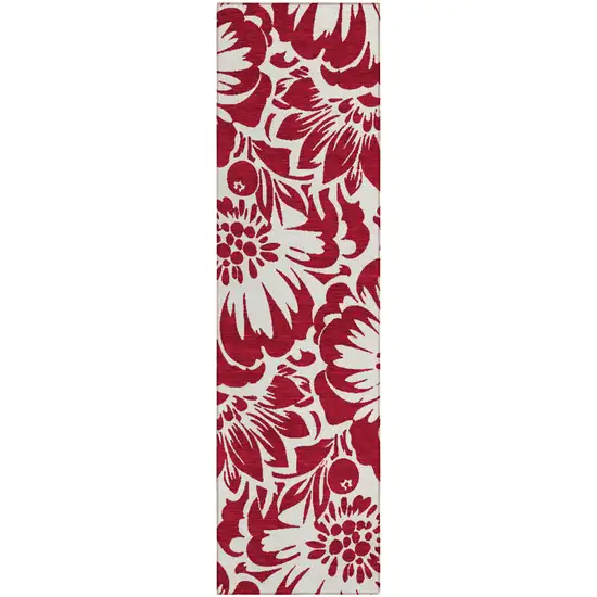 Burgundy and White Floral Washable Non Skid Indoor Outdoor Runner Rug Photo 2