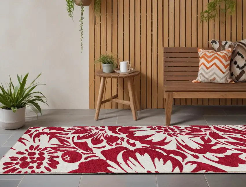 Burgundy and White Floral Washable Non Skid Indoor Outdoor Runner Rug Photo 1