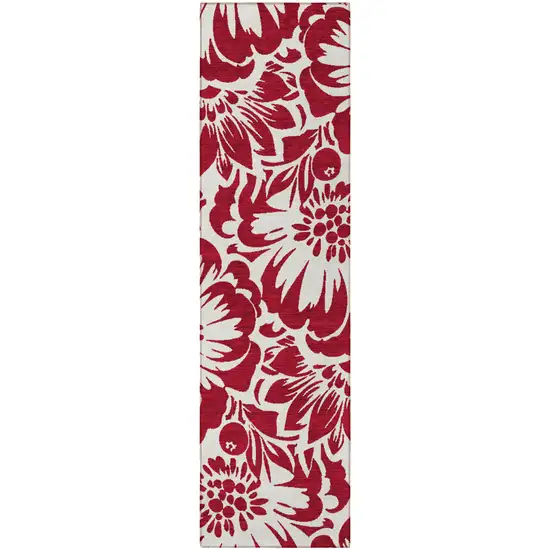 Burgundy and White Floral Washable Non Skid Indoor Outdoor Runner Rug Photo 4