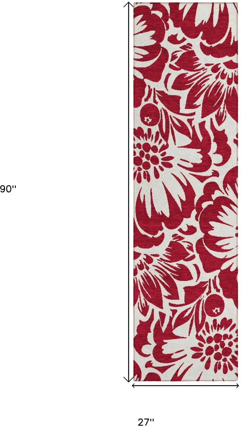Burgundy and White Floral Washable Non Skid Indoor Outdoor Runner Rug Photo 3