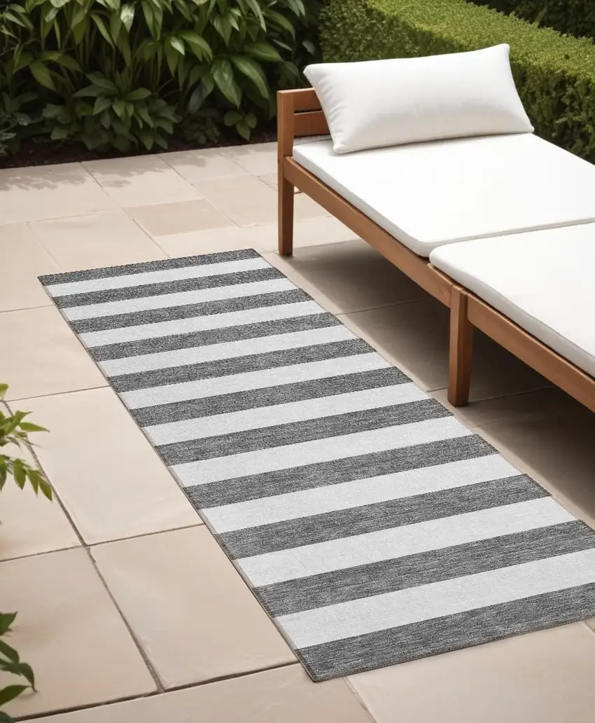 8' Runner Charcoal Striped Washable Non Skid Indoor Outdoor Runner Rug Photo 1