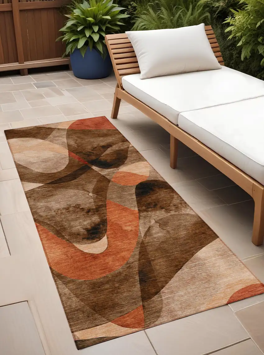 Chocolate Abstract Washable Non Skid Indoor Outdoor Runner Rug Photo 1