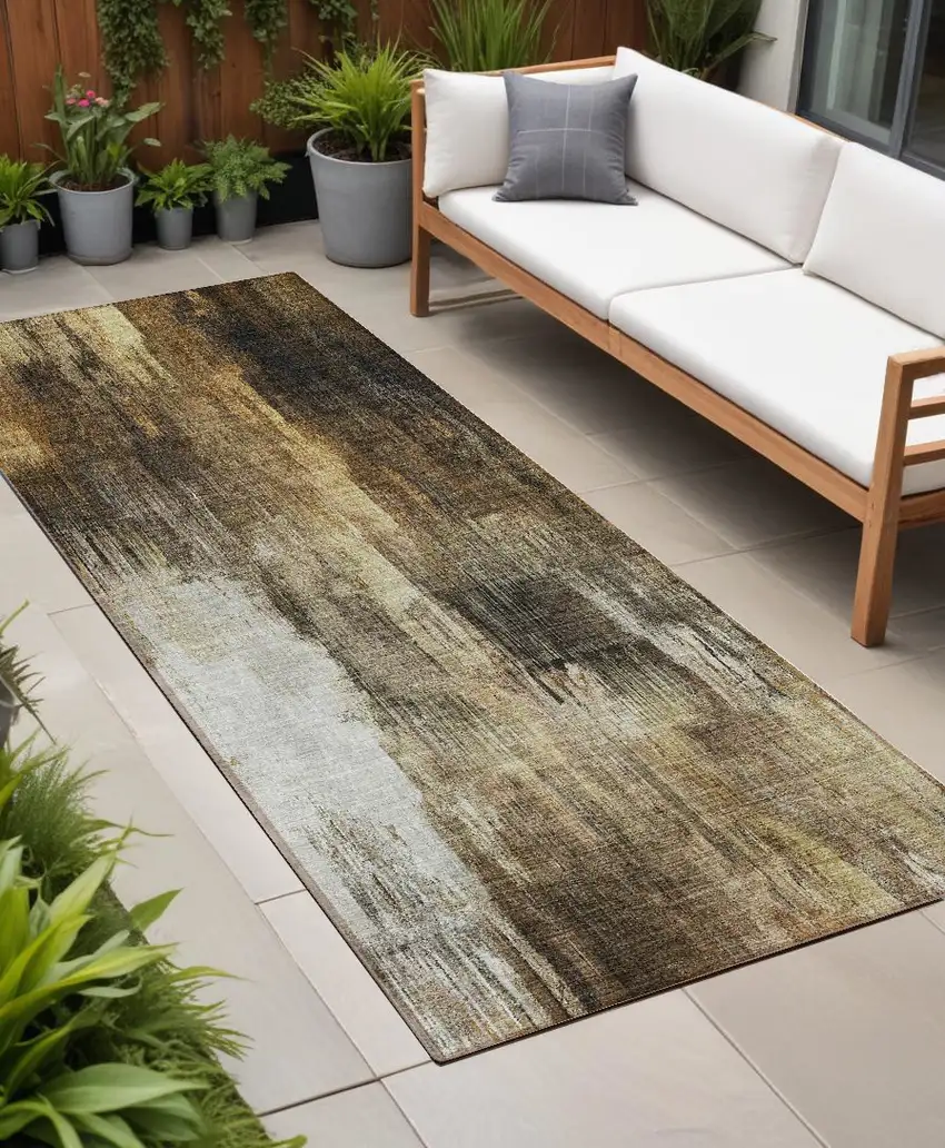 8' Runner Chocolate Abstract Washable Non Skid Indoor Outdoor Runner Rug Photo 1