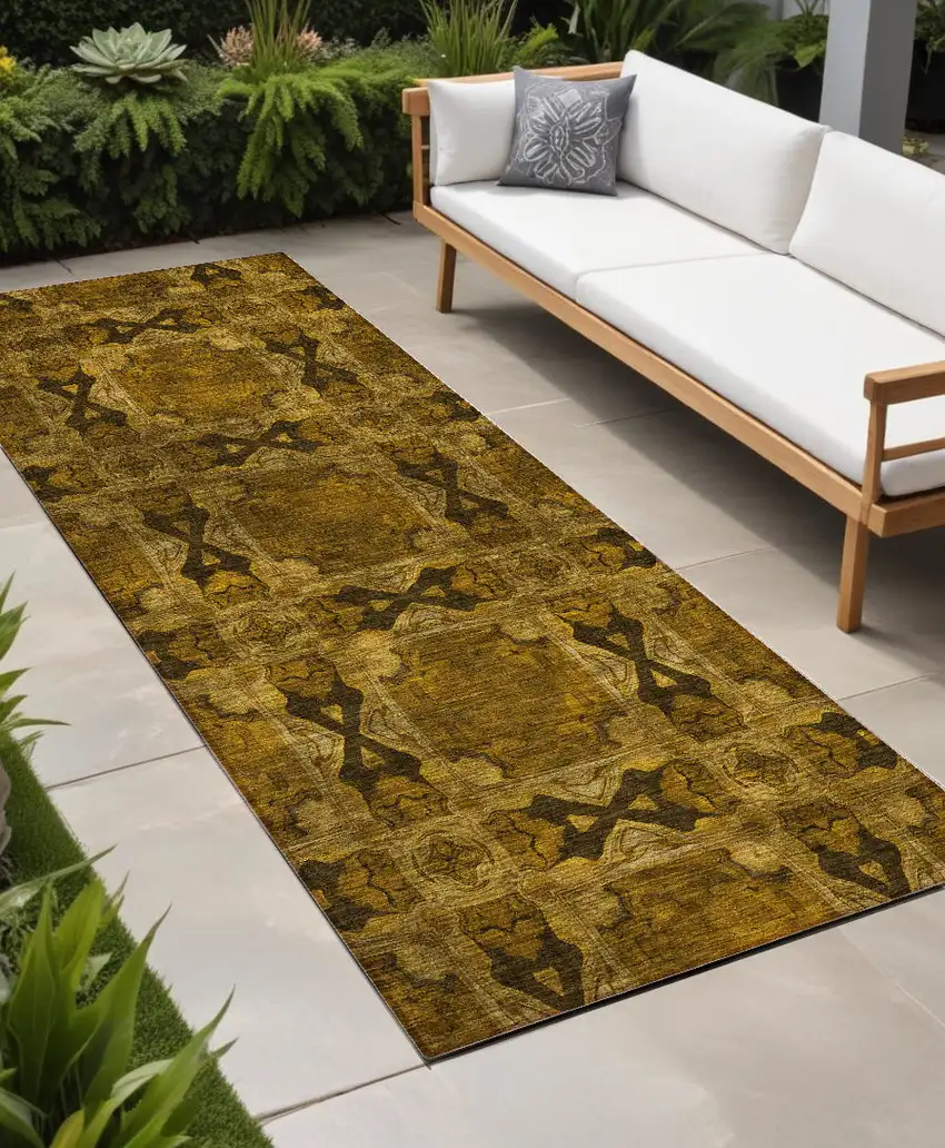 Chocolate Floral Medallion Washable Non Skid Indoor Outdoor Runner Rug Photo 1
