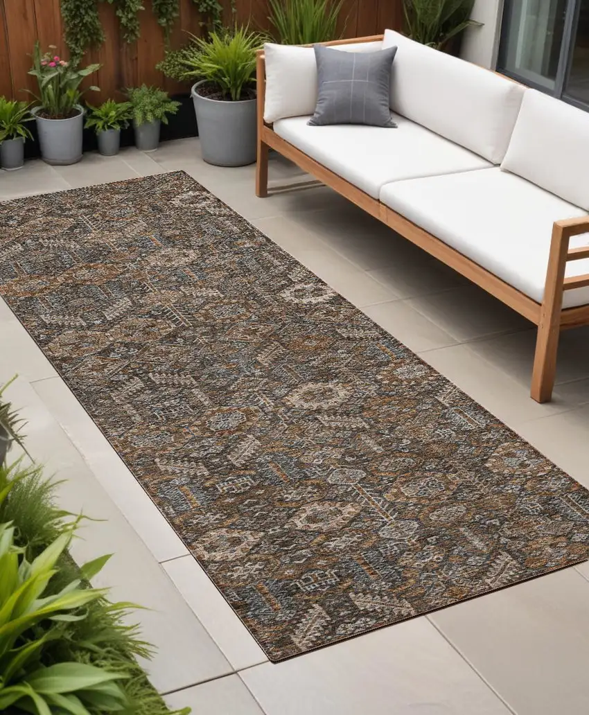 8' Runner Chocolate Floral Washable Non Skid Indoor Outdoor Runner Rug Photo 1