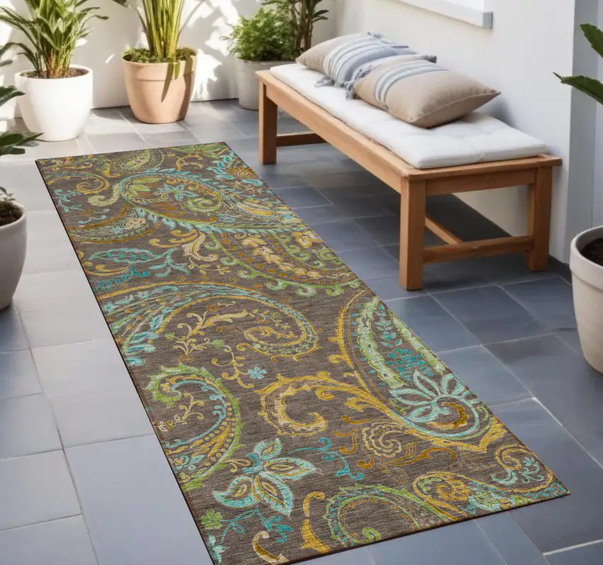 Brown Aqua and Gold Paisley Washable Non Skid Indoor Outdoor Area Rug Photo 1