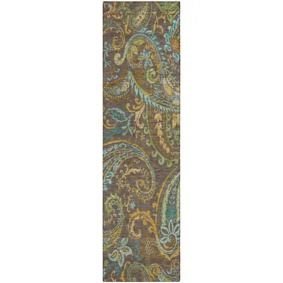 Brown Aqua and Gold Paisley Washable Non Skid Indoor Outdoor Area Rug Photo 2