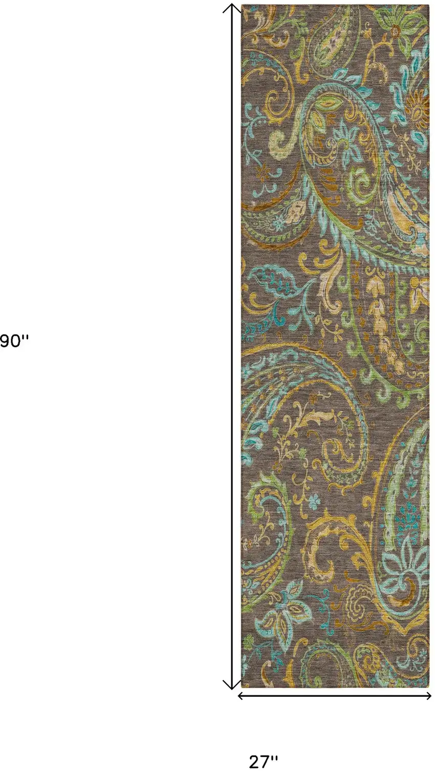 Brown Aqua and Gold Paisley Washable Non Skid Indoor Outdoor Area Rug Photo 3