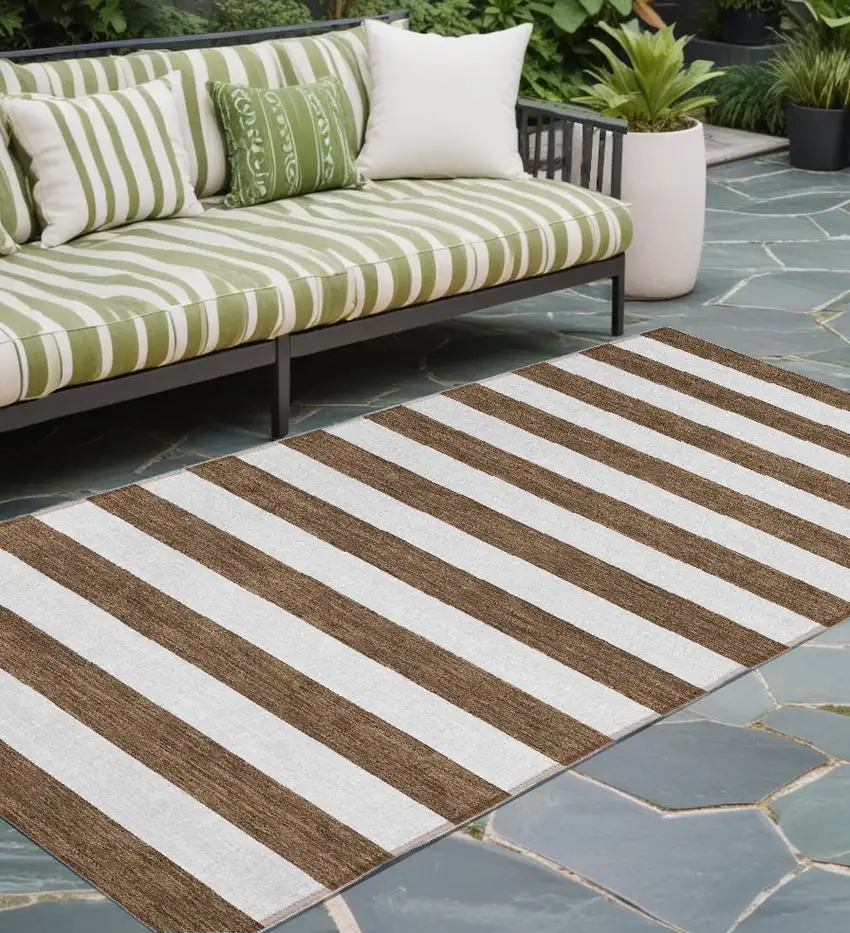 8' Runner Chocolate Striped Washable Non Skid Indoor Outdoor Runner Rug Photo 1