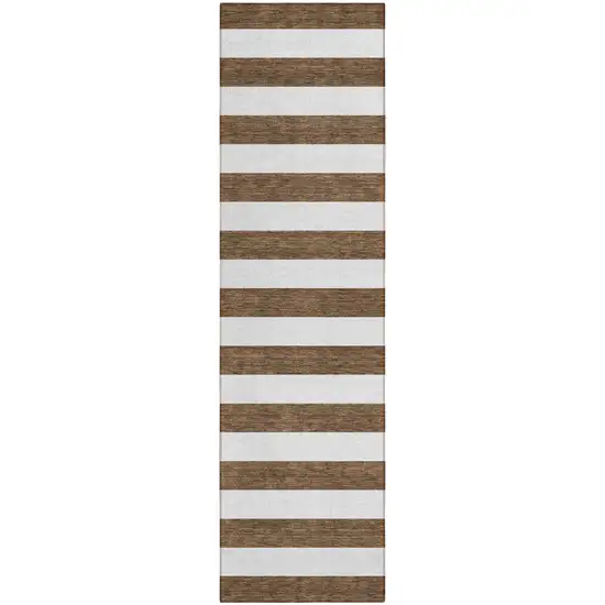 Chocolate Striped Washable Non Skid Indoor Outdoor Runner Rug Photo 2