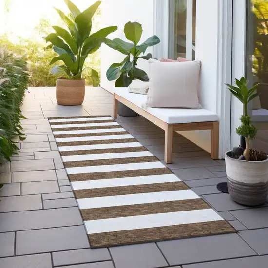 Chocolate Striped Washable Non Skid Indoor Outdoor Runner Rug Photo 8