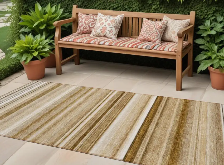 Chocolate Striped Washable Indoor Outdoor Runner Rug Photo 1