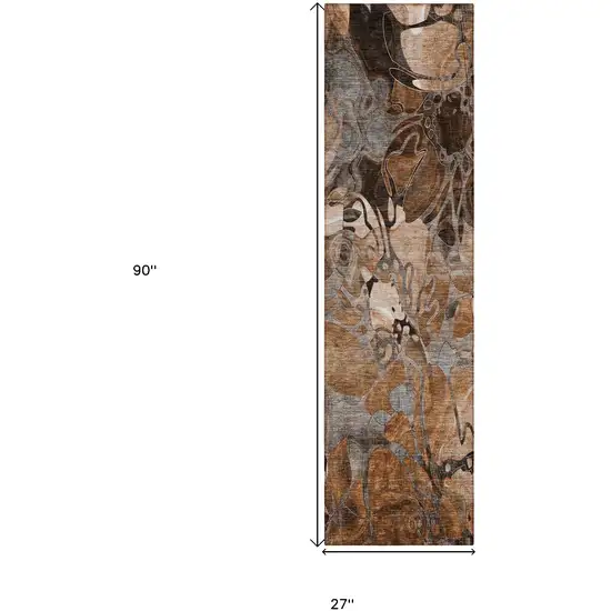 8' Runner Chocolate Terracotta and Ivory Floral Washable Non Skid Indoor Outdoor Runner Rug Photo 8