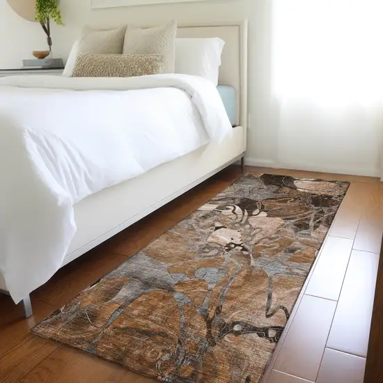Chocolate Terracotta and Ivory Abstract Washable Indoor Outdoor Runner Rug Photo 7