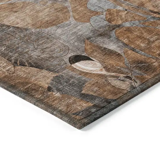 8' Runner Chocolate Terracotta and Ivory Floral Washable Non Skid Indoor Outdoor Runner Rug Photo 5