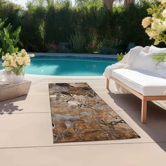 8' Runner Chocolate Terracotta and Ivory Floral Washable Non Skid Indoor Outdoor Runner Rug Photo 6