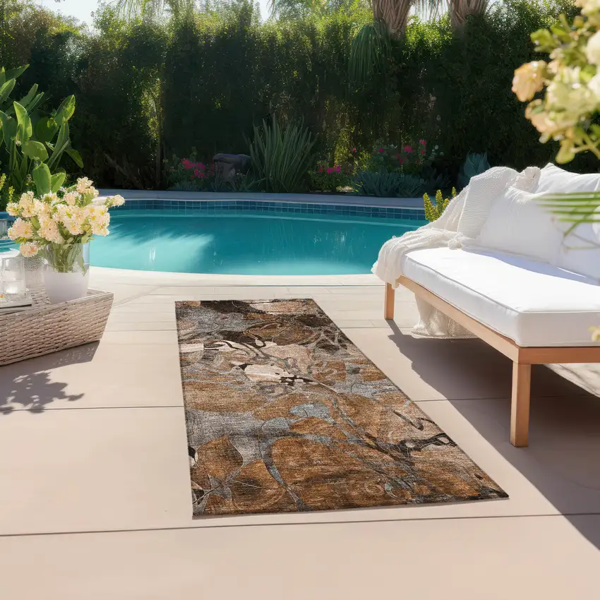 8' Runner Chocolate Terracotta and Ivory Floral Washable Non Skid Indoor Outdoor Runner Rug Photo 6
