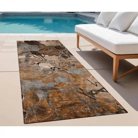 Chocolate Terracotta and Ivory Abstract Washable Indoor Outdoor Runner Rug Photo 1