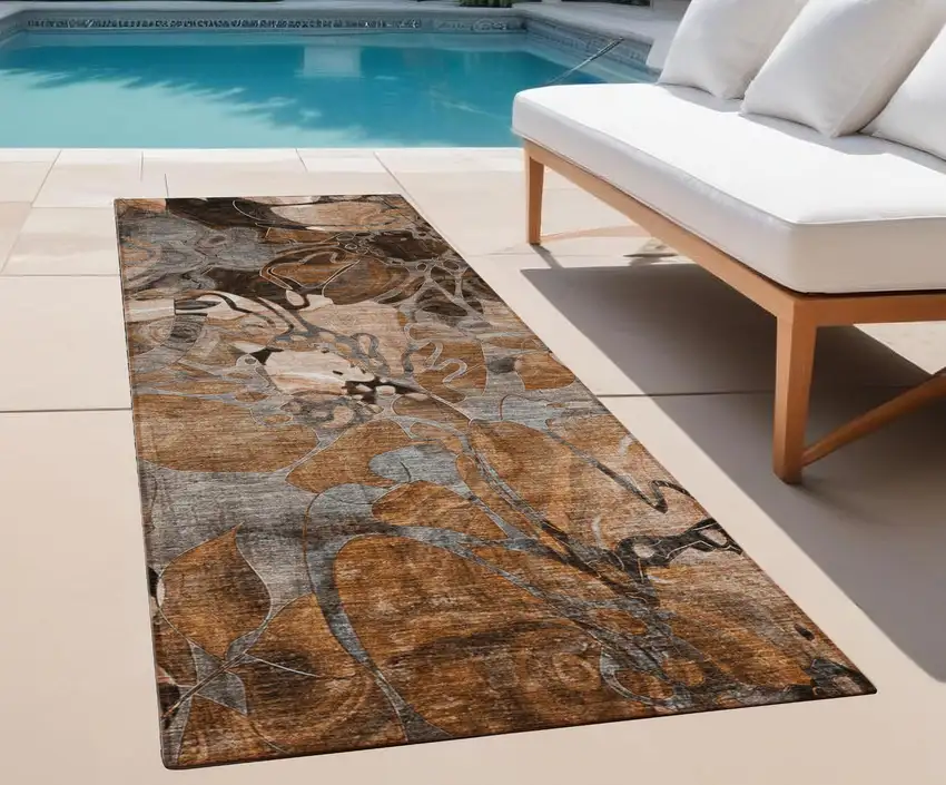 Chocolate Terracotta and Ivory Abstract Washable Indoor Outdoor Runner Rug Photo 1