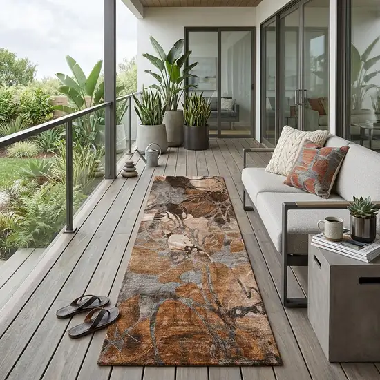 Chocolate Terracotta and Ivory Abstract Washable Indoor Outdoor Runner Rug Photo 1