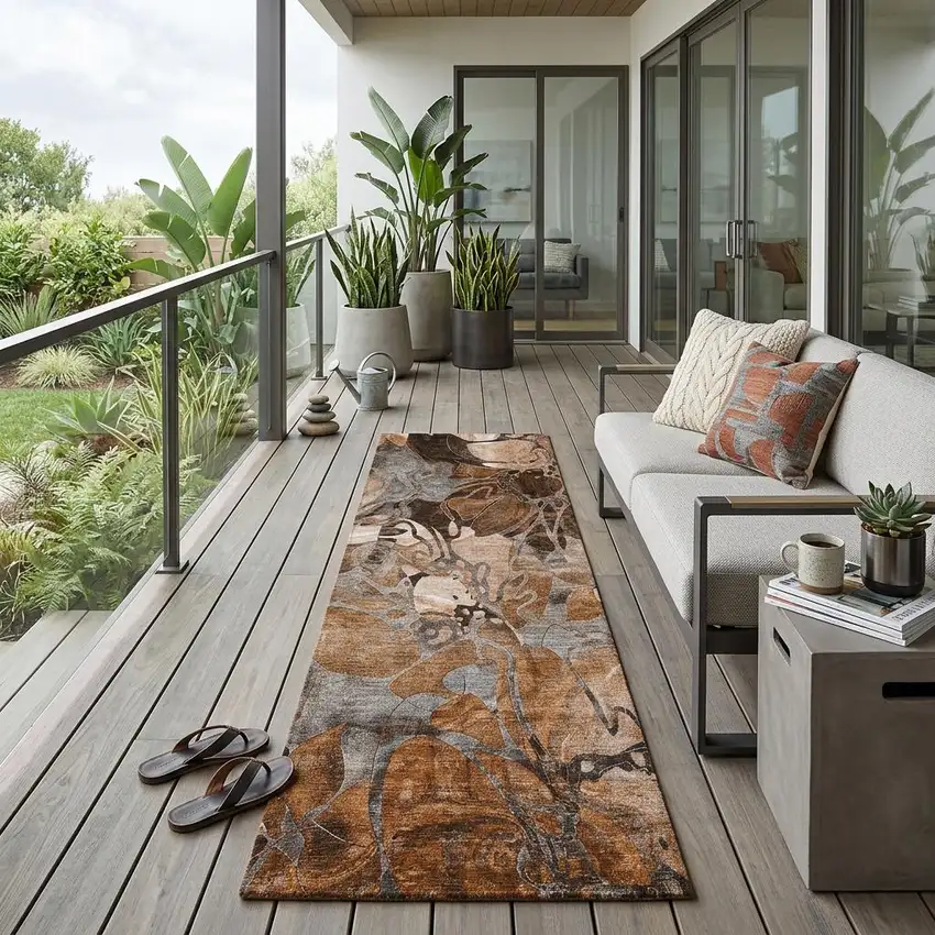 Chocolate Terracotta and Ivory Abstract Washable Indoor Outdoor Runner Rug Photo 1