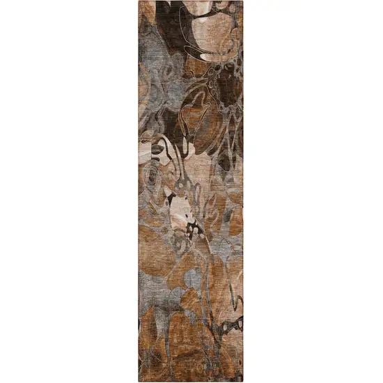 Chocolate Terracotta and Ivory Abstract Washable Indoor Outdoor Runner Rug Photo 2