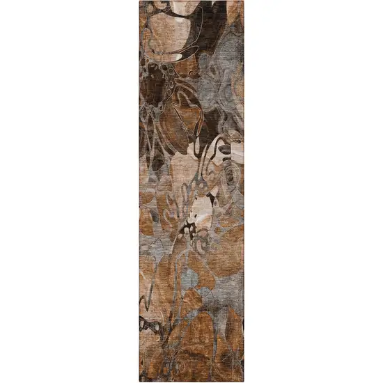 8' Runner Chocolate Terracotta and Ivory Floral Washable Non Skid Indoor Outdoor Runner Rug Photo 2