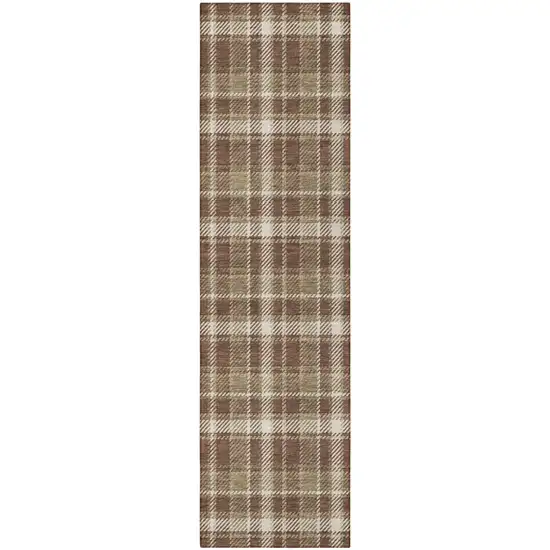 Chocolate and Ivory Plaid Washable Non Skid Indoor Outdoor Runner Rug Photo 4