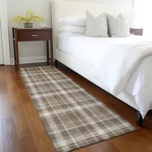 Photo of 8' Runner Chocolate and Ivory Plaid Washable Non Skid Indoor Outdoor Runner Rug