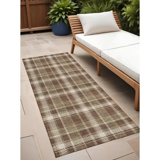 Chocolate and Ivory Plaid Washable Non Skid Indoor Outdoor Runner Rug Photo 1