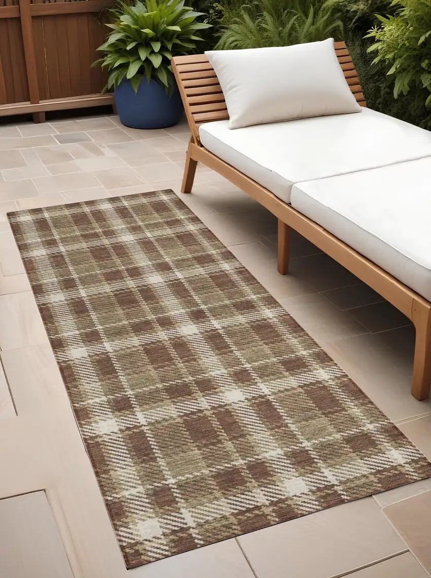 Chocolate and Ivory Plaid Washable Non Skid Indoor Outdoor Runner Rug Photo 1