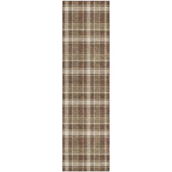 Chocolate and Ivory Plaid Washable Non Skid Indoor Outdoor Runner Rug Photo 2