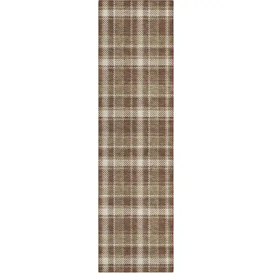 Chocolate and Ivory Plaid Washable Non Skid Indoor Outdoor Runner Rug Photo 2
