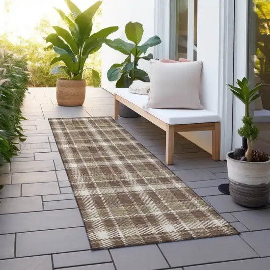 8' Runner Chocolate and Ivory Plaid Washable Non Skid Indoor Outdoor Runner Rug Photo 8