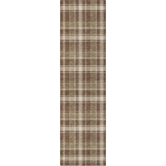 Chocolate and Ivory Plaid Washable Non Skid Indoor Outdoor Runner Rug Photo 5