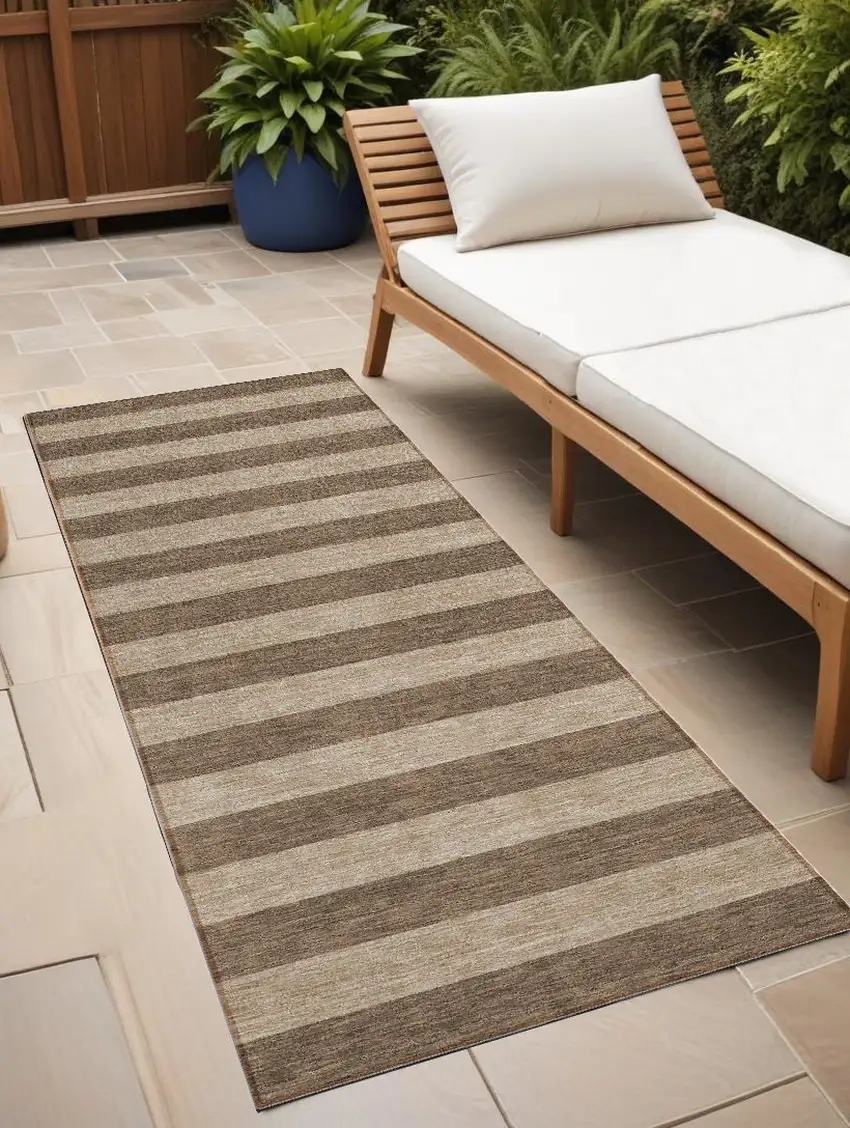 Coffee Striped Washable Non Skid Indoor Outdoor Runner Rug Photo 1