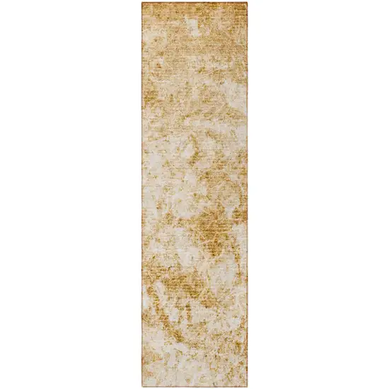 8' Runner Cream and Gold Abstract Washable Non Skid Indoor Outdoor Runner Rug Photo 4