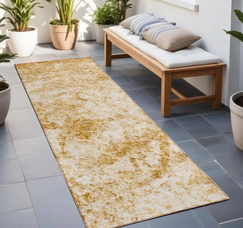 Cream and Gold Abstract Washable Non Skid Indoor Outdoor Runner Rug Photo 1