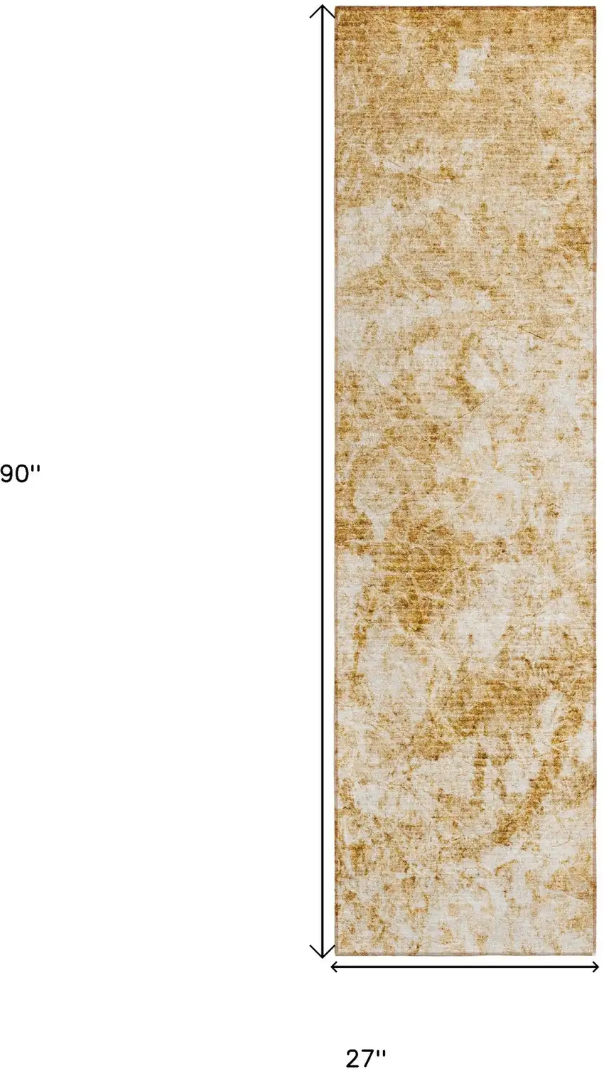 8' Runner Cream and Gold Abstract Washable Non Skid Indoor Outdoor Runner Rug Photo 3