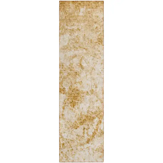 Cream and Gold Abstract Washable Non Skid Indoor Outdoor Runner Rug Photo 2