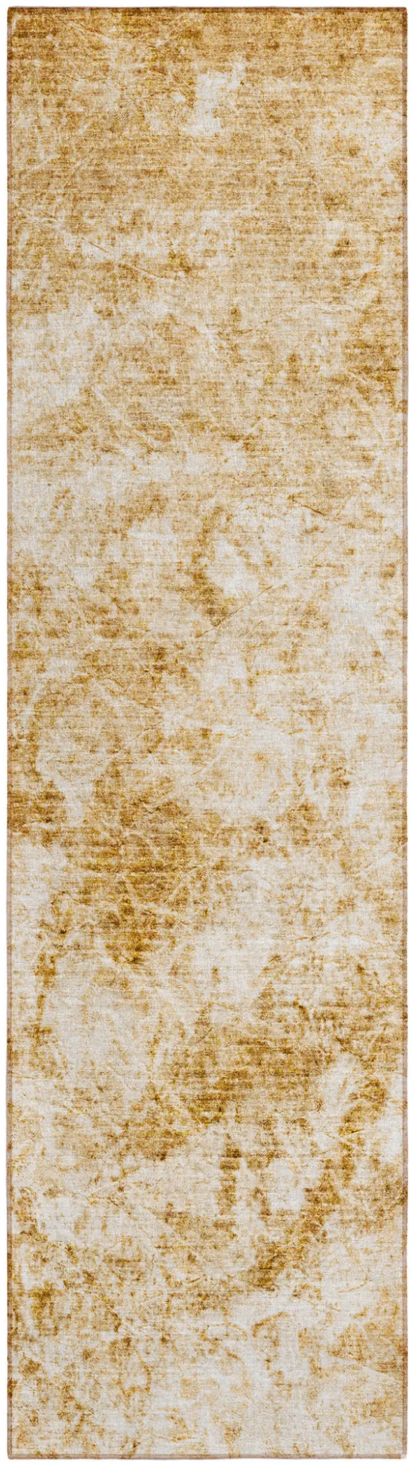 Cream and Gold Abstract Washable Non Skid Indoor Outdoor Runner Rug Photo 2
