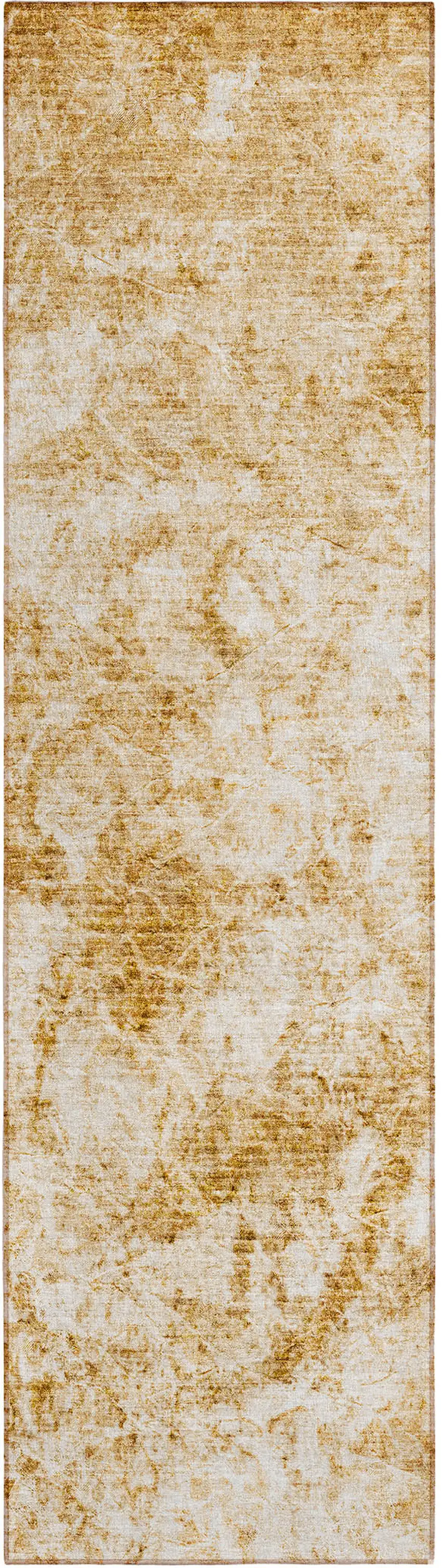 Cream and Gold Abstract Washable Non Skid Indoor Outdoor Runner Rug Photo 2