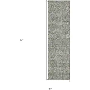 Photo of 8' Runner Cream and Tan Floral Washable Non Skid Indoor Outdoor Runner Rug