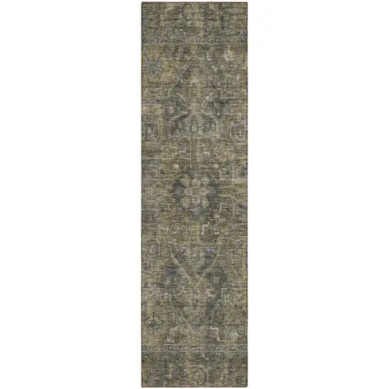 8' Runner Dark Moss Green and Gray Oriental Washable Non Skid Indoor Outdoor Runner Rug Photo 2