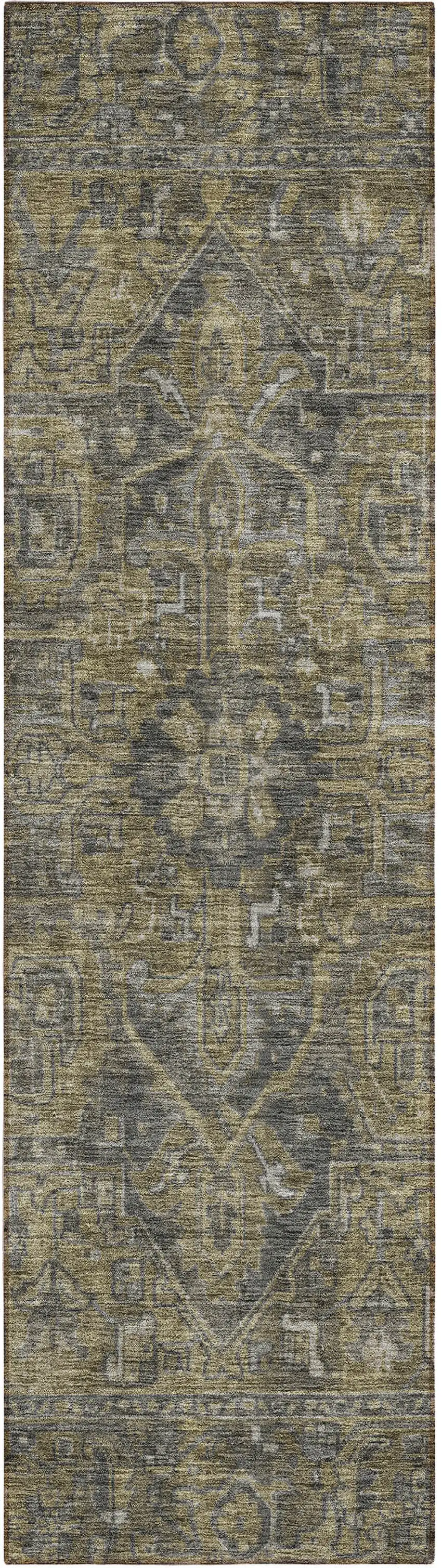 8' Runner Dark Moss Green and Gray Oriental Washable Non Skid Indoor Outdoor Runner Rug Photo 2