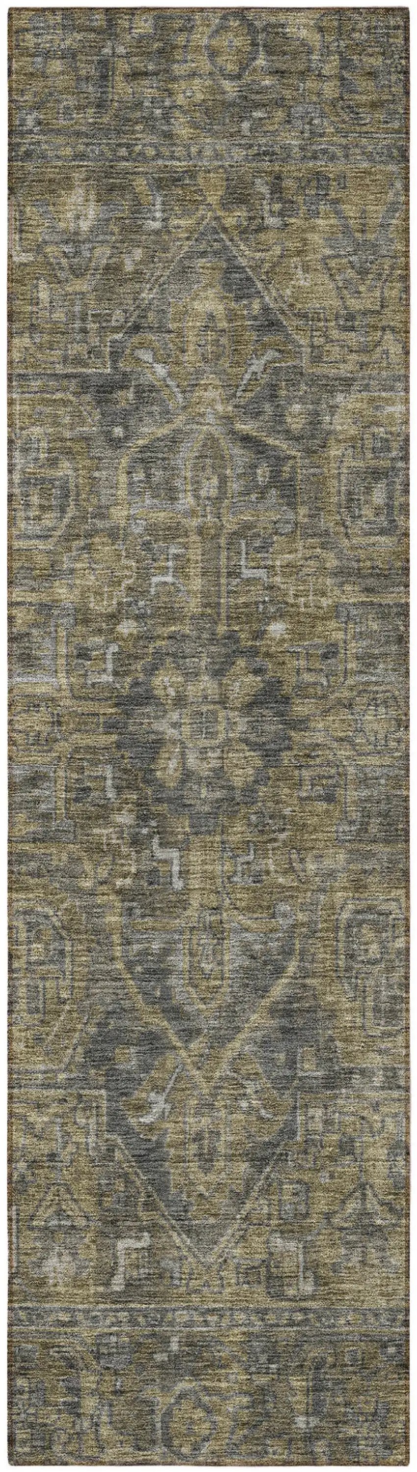 8' Runner Dark Moss Green and Gray Oriental Washable Non Skid Indoor Outdoor Runner Rug Photo 4