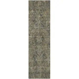 Photo of 8' Runner Dark Moss Green and Gray Oriental Washable Non Skid Indoor Outdoor Runner Rug