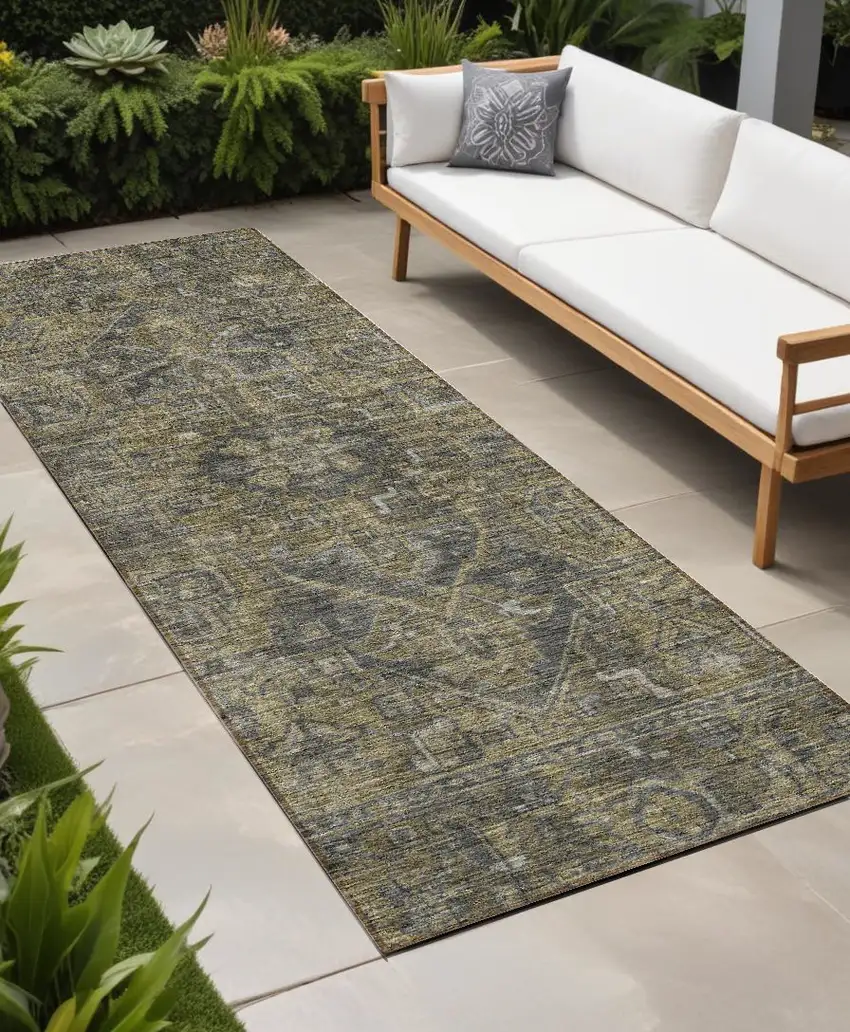 8' Runner Dark Moss Green and Gray Oriental Washable Non Skid Indoor Outdoor Runner Rug Photo 1